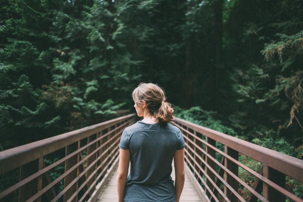 Free Image of Woman on bridge in dense forest 