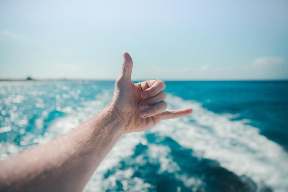 Free Image of Hand making  hang loose  sign over ocean 
