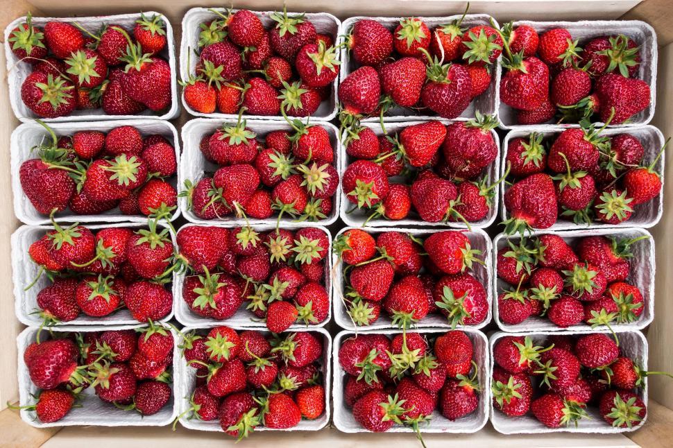 Free Image of Boxes of fresh strawberries from above 