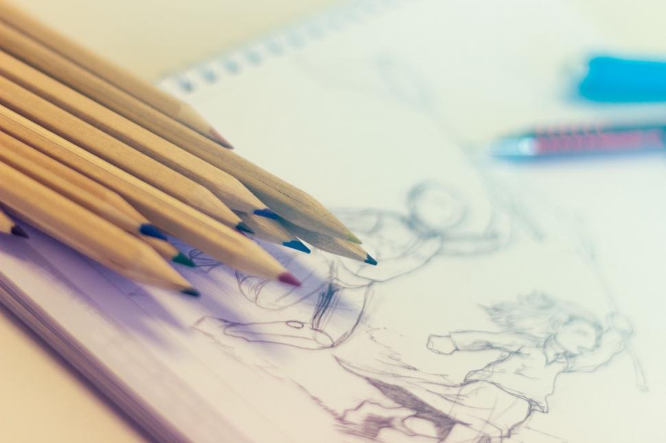 Free Image of Close-up of pencils on a comic sketch 