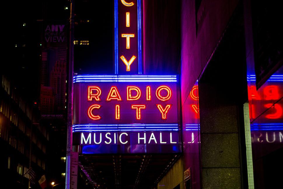 Free Image of Neon lights of Radio City Music Hall sign 