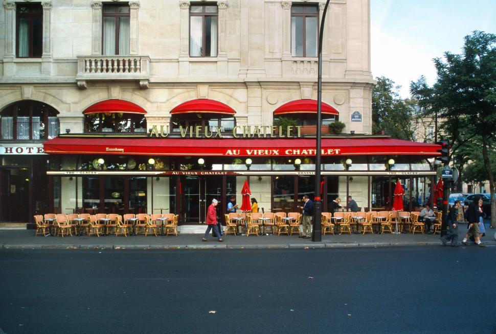 Download Free Stock Photo of france cafe street sidewalk restaurant au vieux chatelet dining coffee shop chairs seating outdoor caffe corner europe european paris 