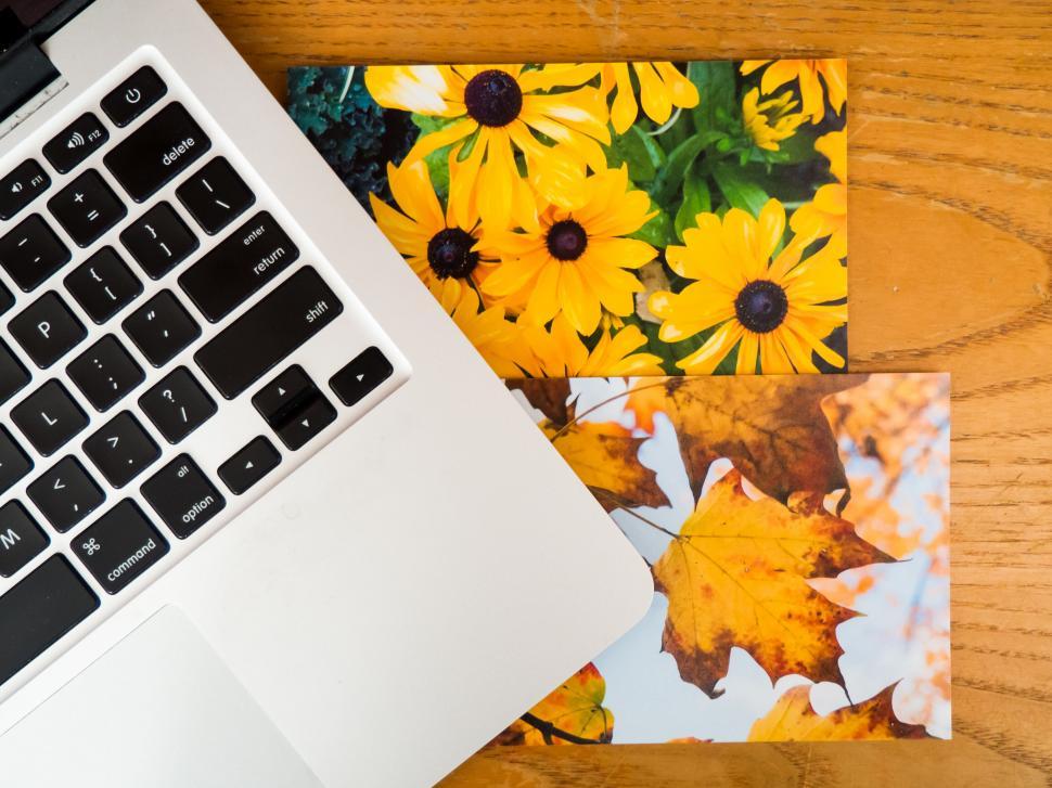Free Image of Photos of flowers beside a laptop 