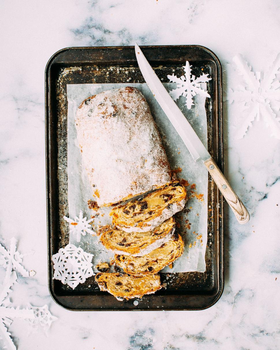 Free Image of Sliced stollen on a baking sheet 
