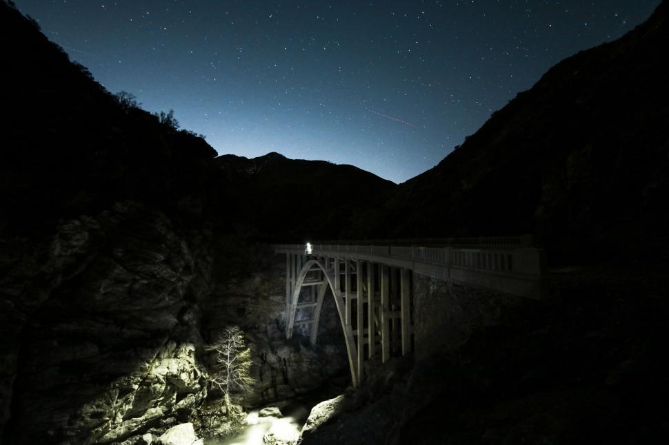 Free Image of Illuminated bridge in a starry mountain night 