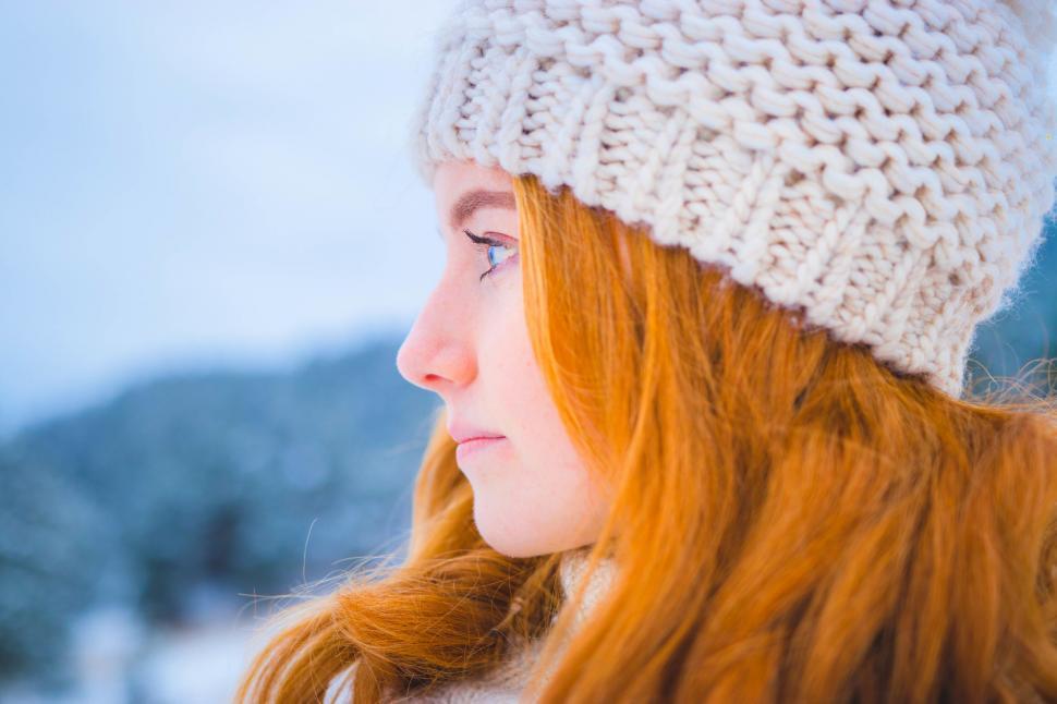 Free Image of Person in knit hat looking away in snow 