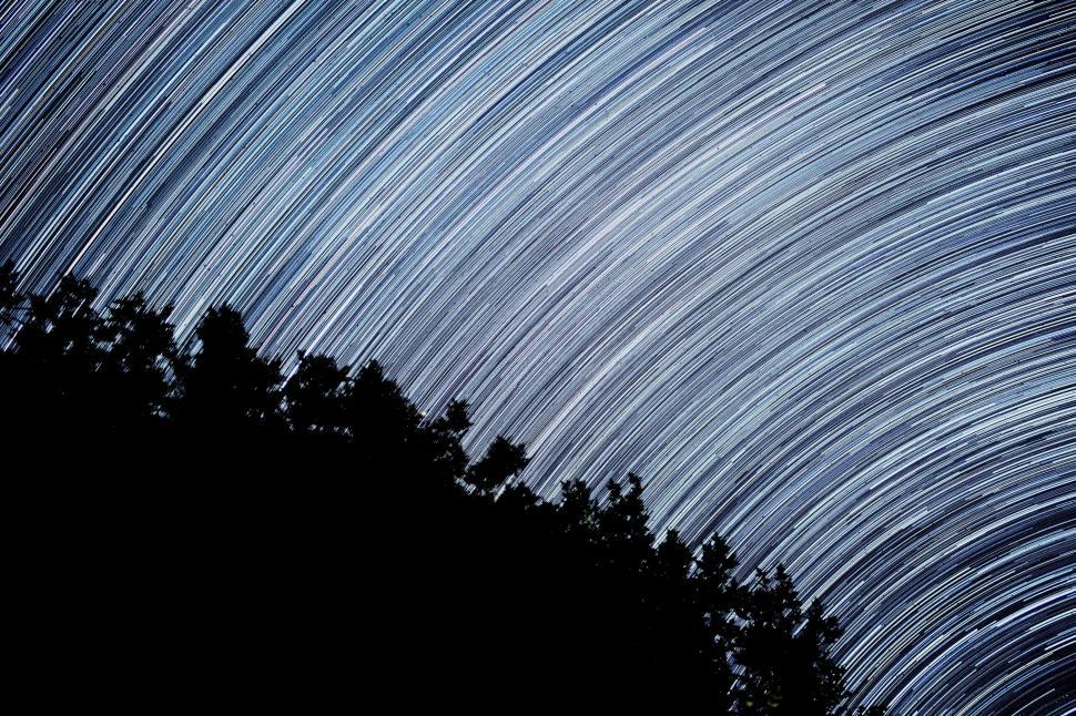 Free Image of Star trails over a silhouette treeline 