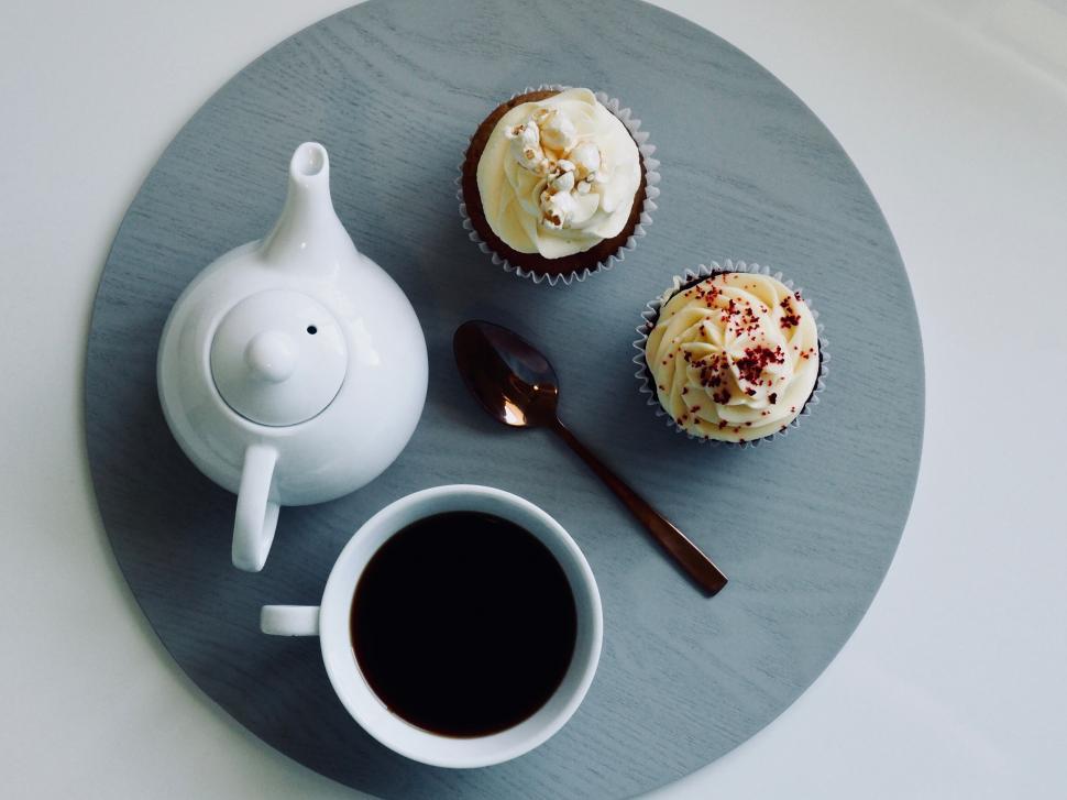 Free Image of Coffee, cupcakes, and teapot on a tray 