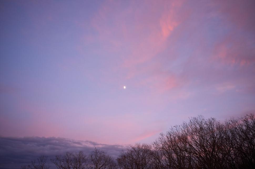 Free Image of Pink clouds at dusk with visible moon 
