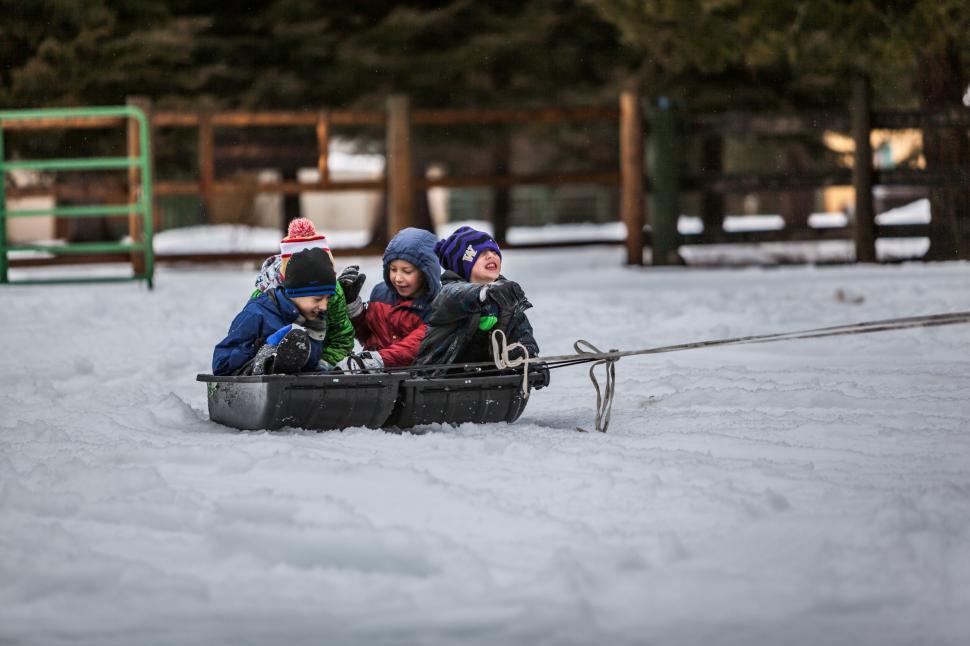 Free Image of Children playing in a sled on snow 