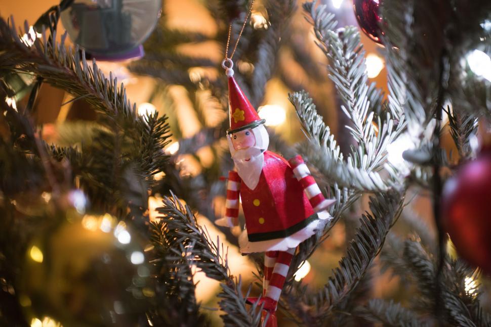 Free Image of Elf ornament hanging on festive tree 
