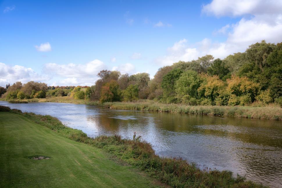 Free Image of Gentle river surrounded by lush green trees under blue sky. 