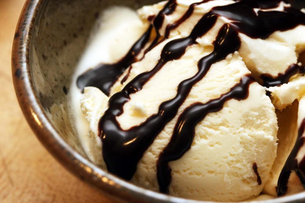Free Image of Bowl of ice cream with chocolate sauce 