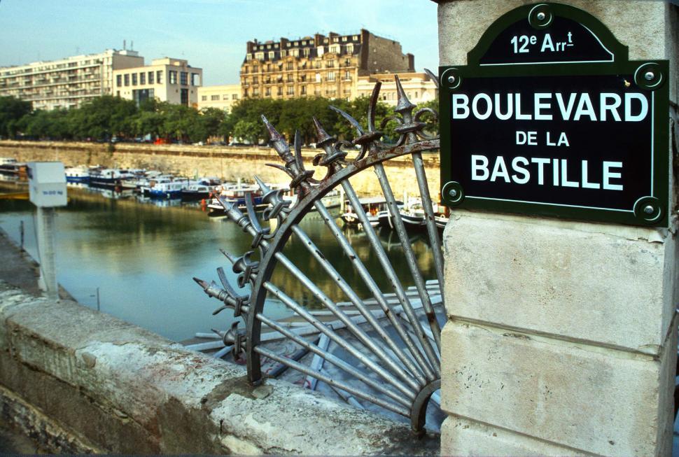 Free Image of france boulevard de la bastille boats bastille street river seine paris ironwork bars sign 