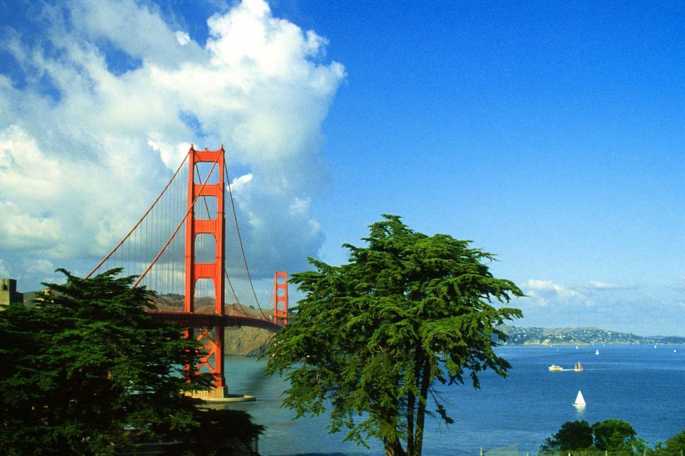 Free Image of golden gate water california bridge clear bay san francisco ocean landmarks sailing boats suspension 