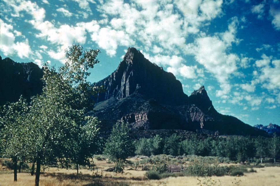 Free Image of zion the Watchman national park utah towers landscapes vintage photo rocks spires canyons fields FACAT001 wilderness vintage photographs trees brown grass 
