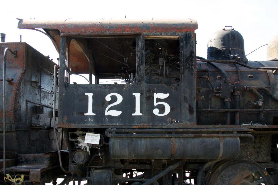 Free Image of train california southern pacific rust decay rivet word metal peel locomotive decommission scrap texture machine cab engine 1215 