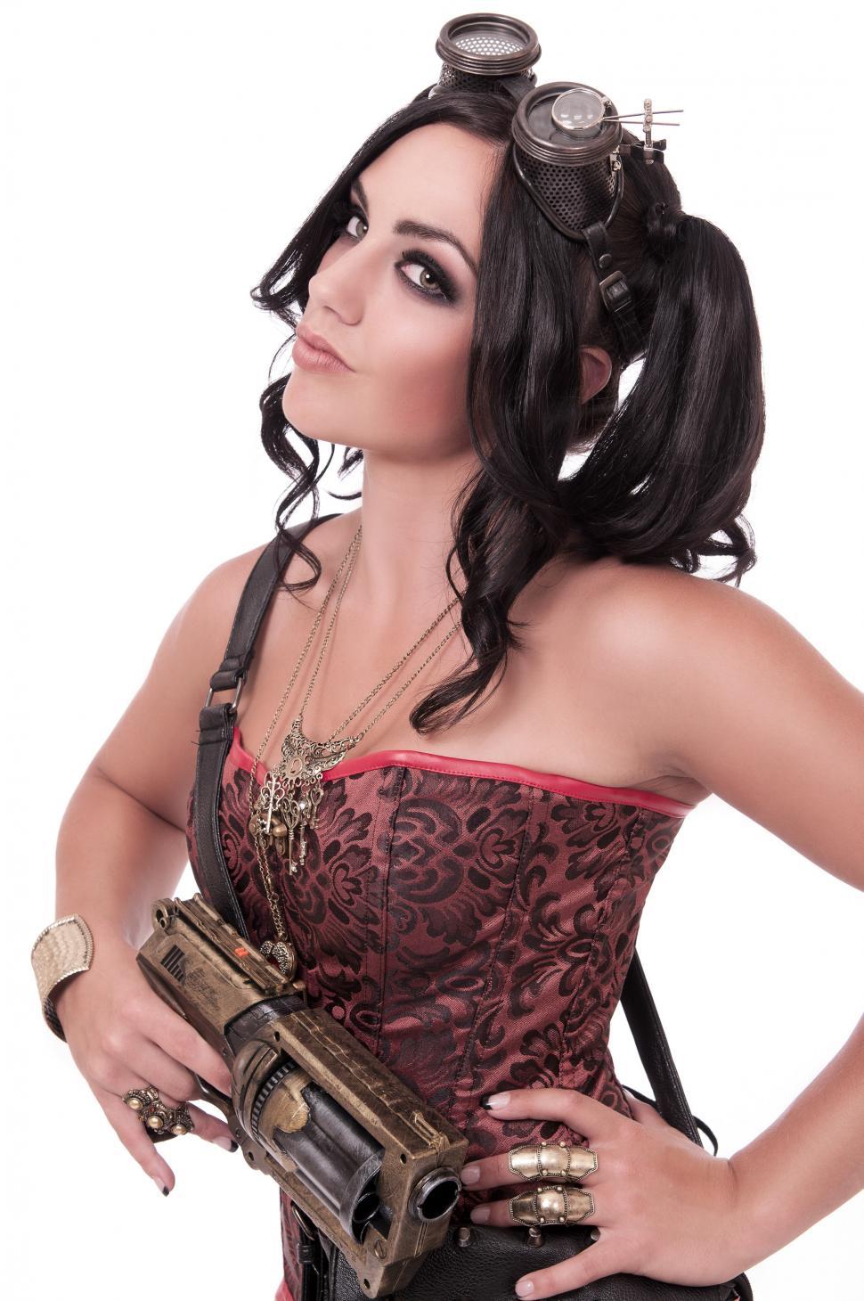Free Image of Steampunk girl with antique gun 