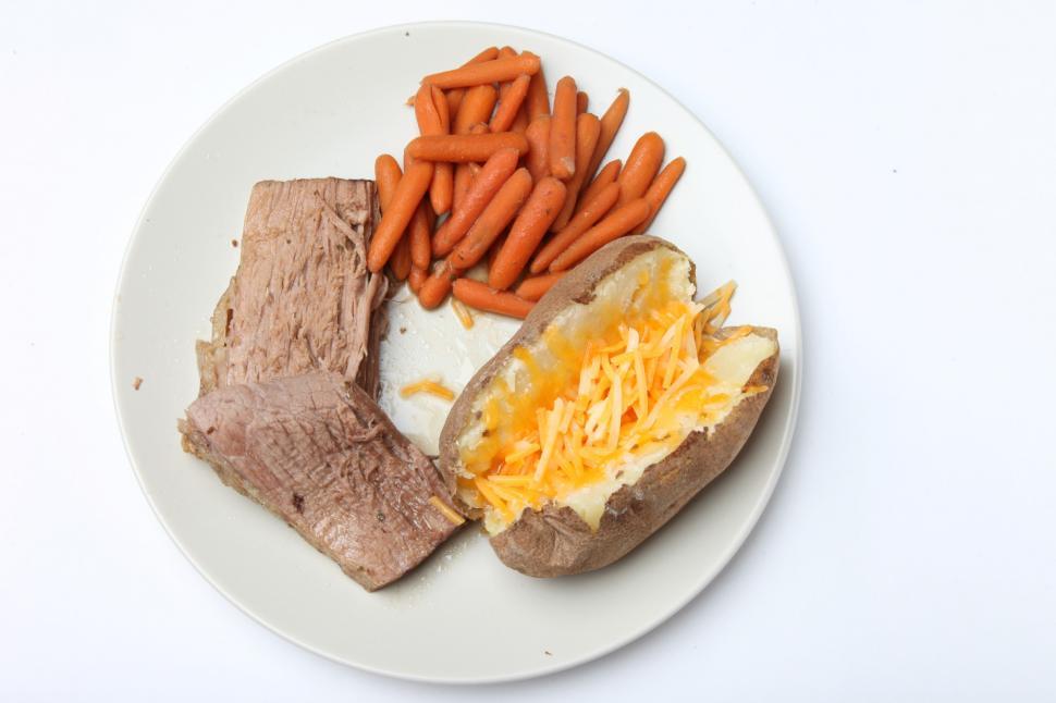 Free Image of Pot Roast, Carrots and Baked Potato from above 