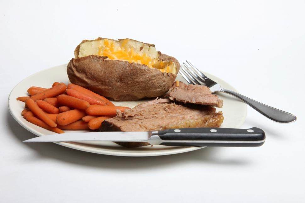 Free Image of Pot Roast, Carrots and Baked Potato with Knife and Fork 
