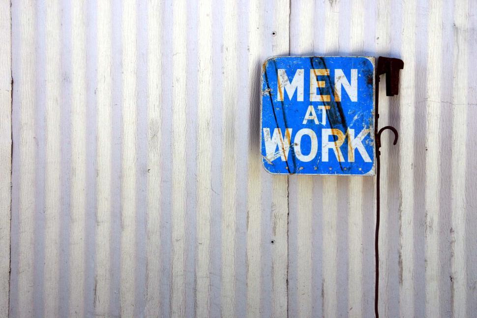Free Image of metal texture wall corrogated word words sign men at work tin 