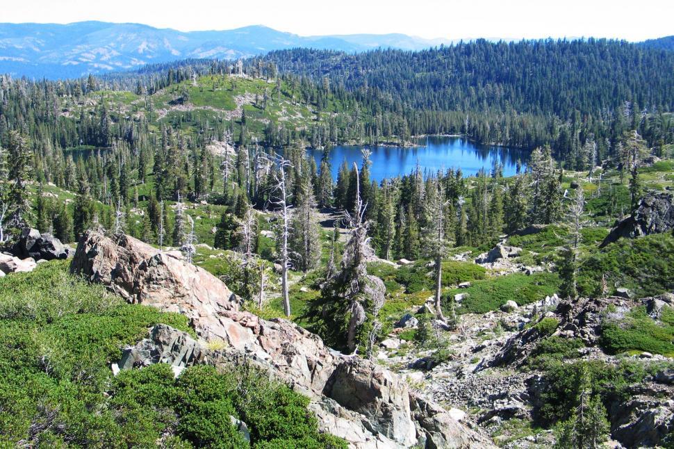 Free Image of pines rock boulder forest trees lake pond water pine buttes sierras mountain mountains california valley lakes peak vista view dramatic rugged 