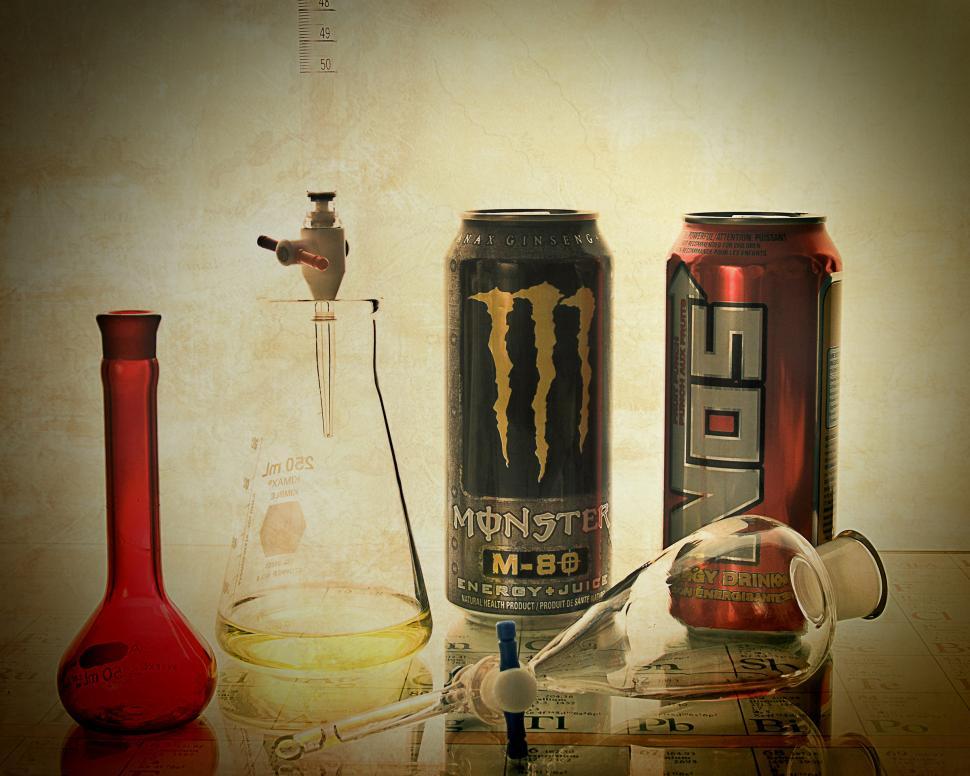 Free Image of Old look, energy drink and lab glass 