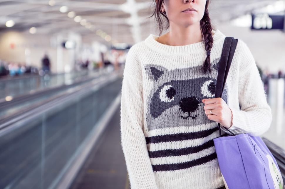 Free Image of Young Woman in raccoon design woolen sweater 