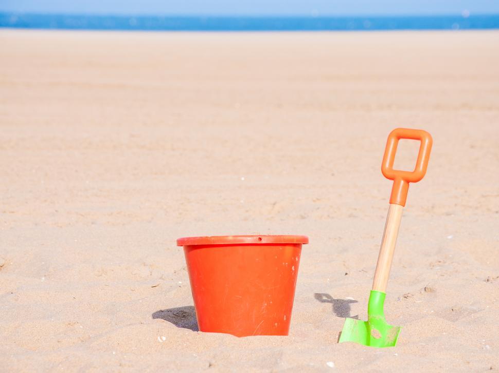 Free Image of Childrens beach toys - buckets, spade and shovel  