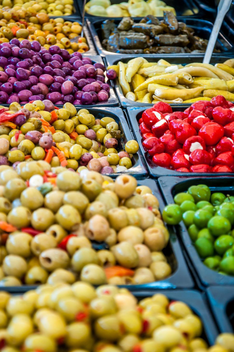Free Image of Different marinated olives on market 