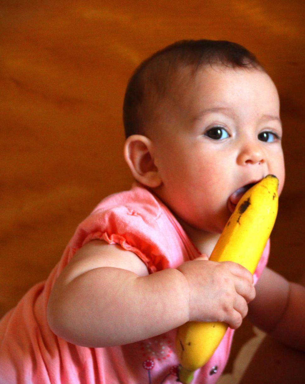 Free Image of Baby trying to eat a banana 