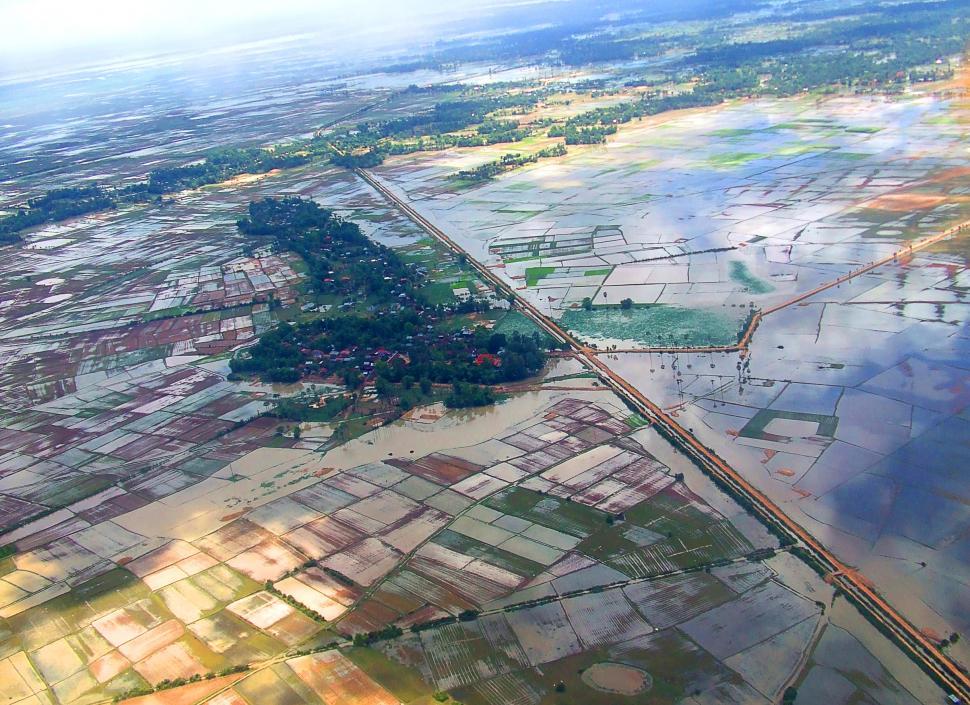 Free Image of Aerial view from a balloon of flooded rice fields in Siem Reap c 