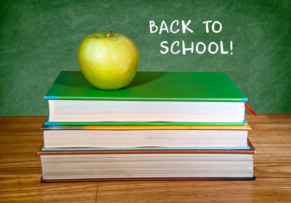 Free Image of back to school books, apple and chalkboard 