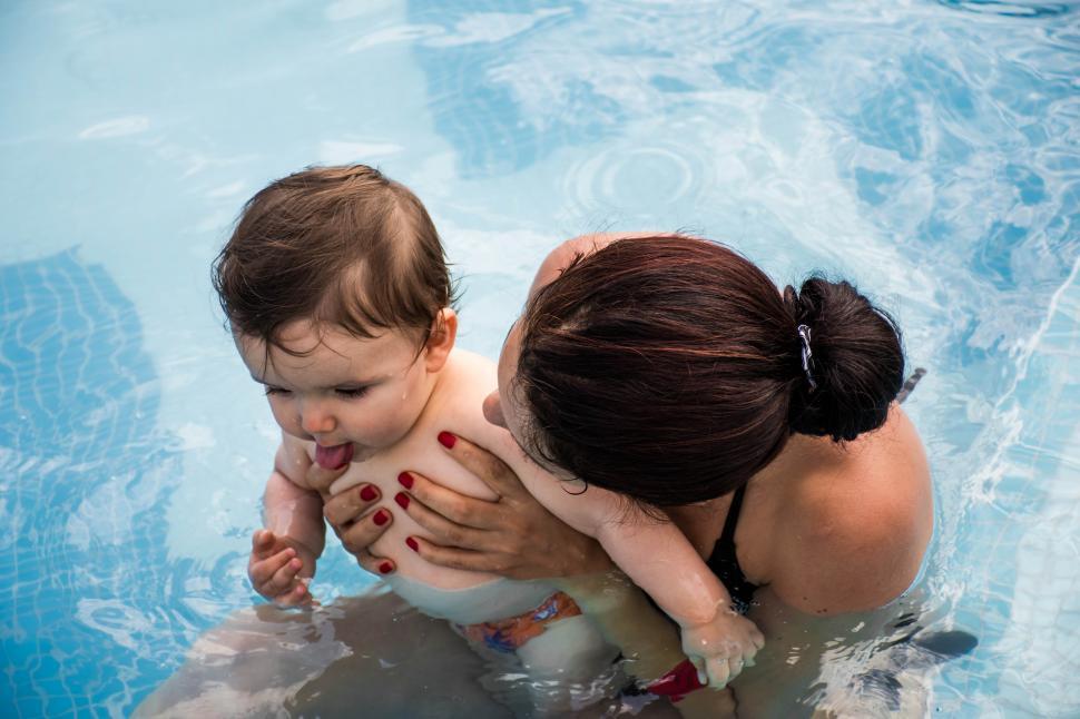 Free Image of Woman Holding Baby in Pool 