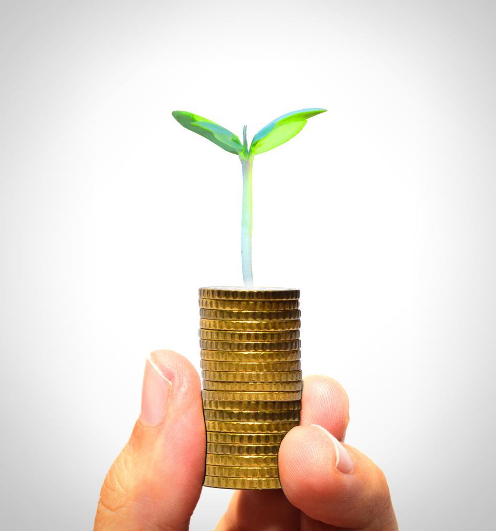 Free Image of Businessman holding plant sprouting from a handful of golden coi 