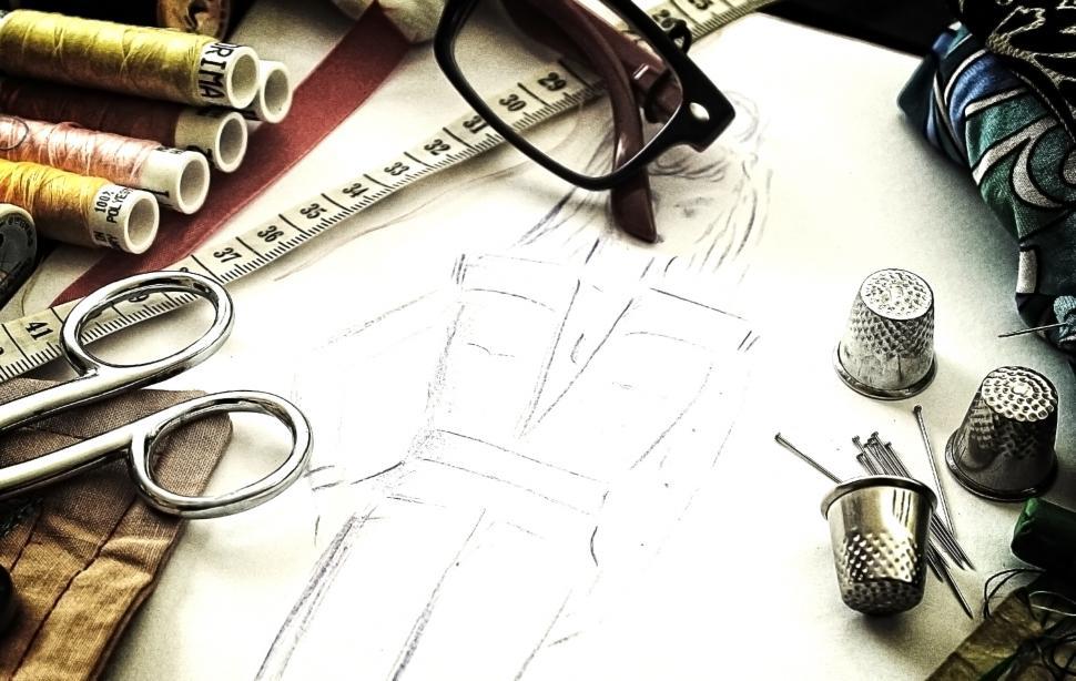Download Free Stock Photo of Fashion design - The working tools of a couturiÃ¨re - Grunge noi 