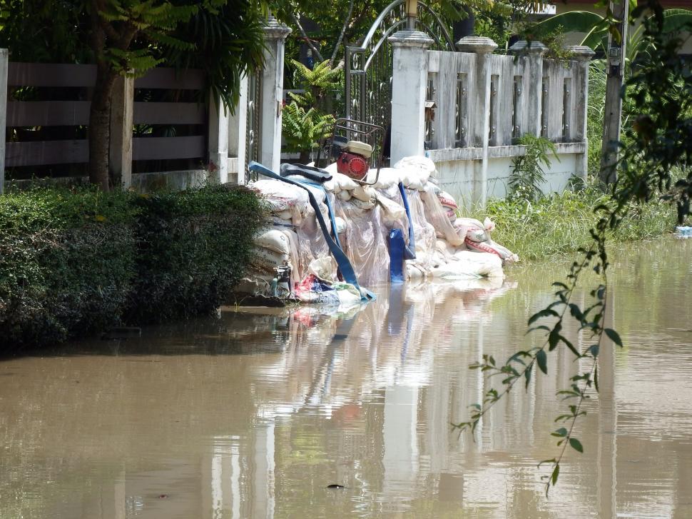 Free Image of Sandbags and Water pump with Flood Water 