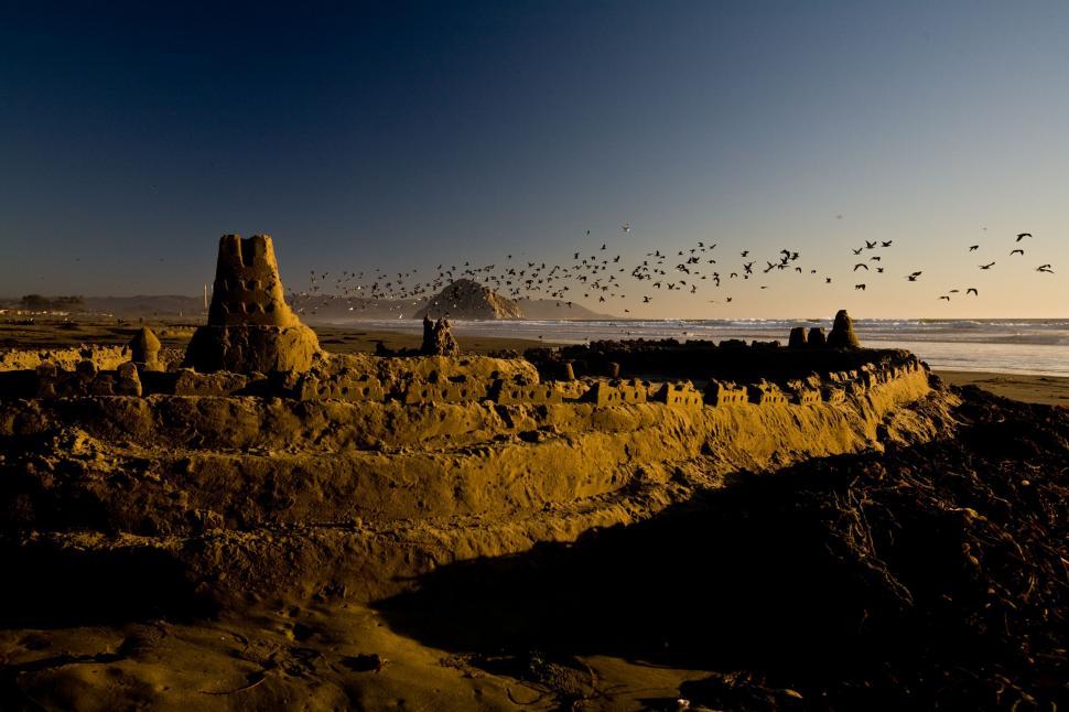 Free Image of Birds Flying Over a Sand Castle on the Beach 