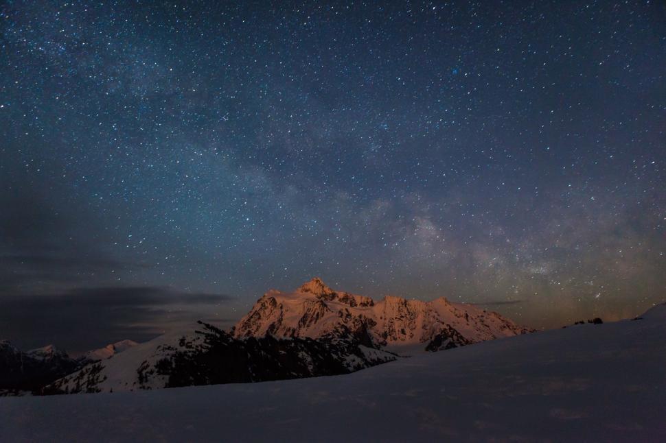 Free Image of Starry Night Sky Above Snowy Mountain 