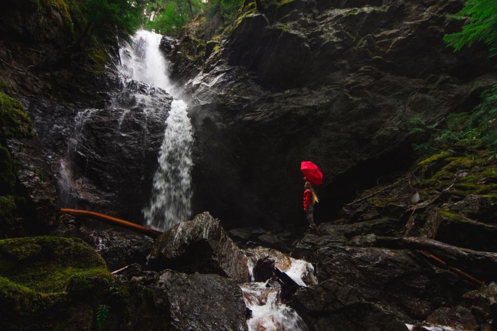 Free Image of Person With Red Umbrella at Waterfall 
