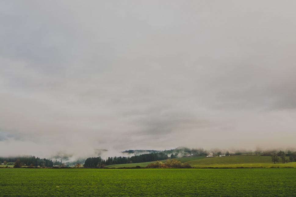 Free Image of Green Field With Trees and Clouds 