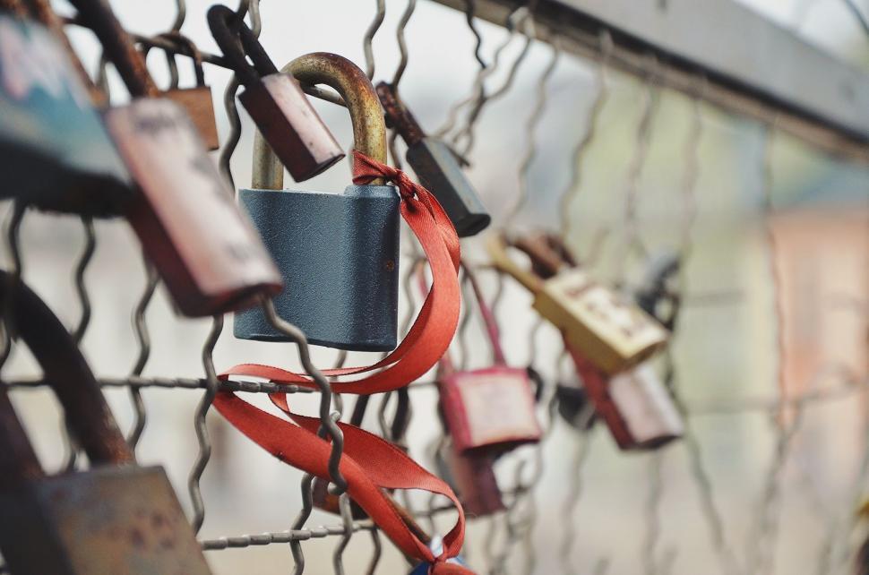 Free Image of Array of Padlocks Attached to Fence 