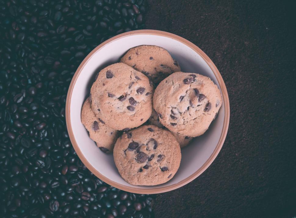 Free Image of Bowl Filled With Chocolate Chip Cookies on Table 