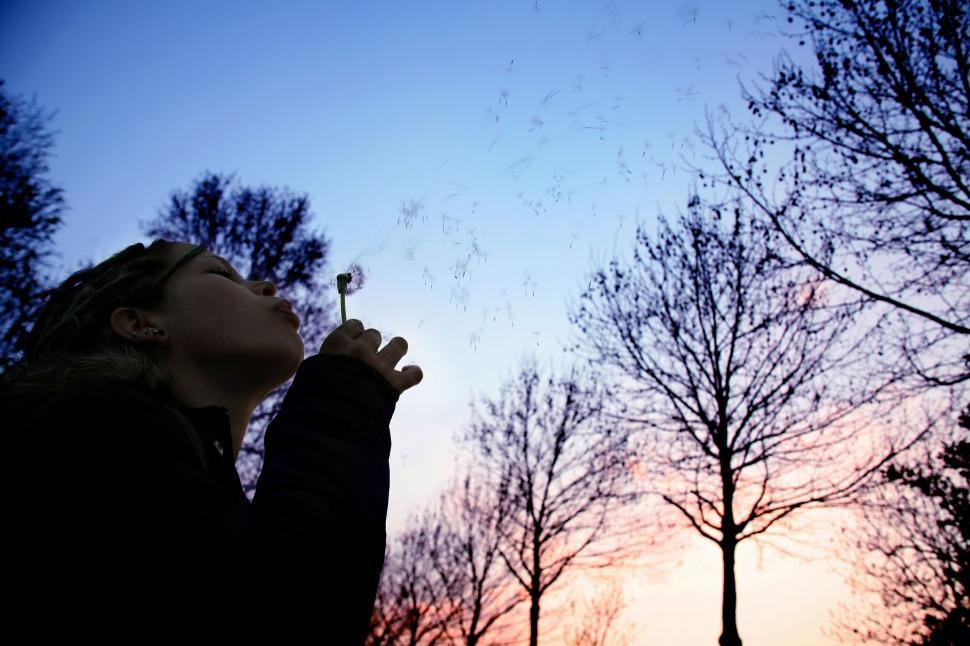Free Image of Woman Blowing Dandelion in Park at Sunset 