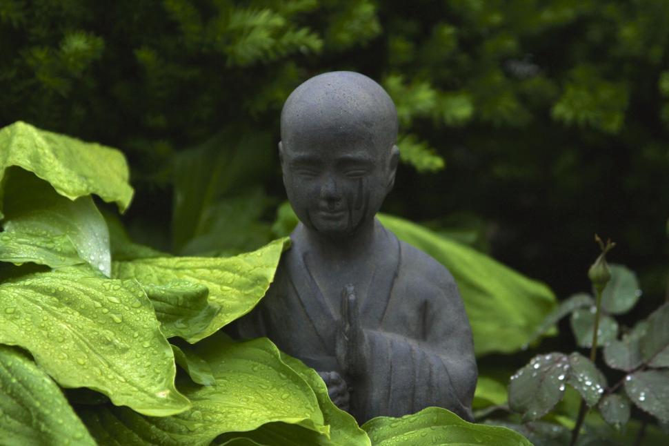 Free Image of Buddha Statue Surrounded by Green Leaves 