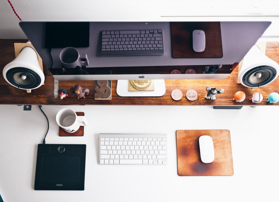 Free Image of Desk With Keyboard, Mouse, and Speakers 