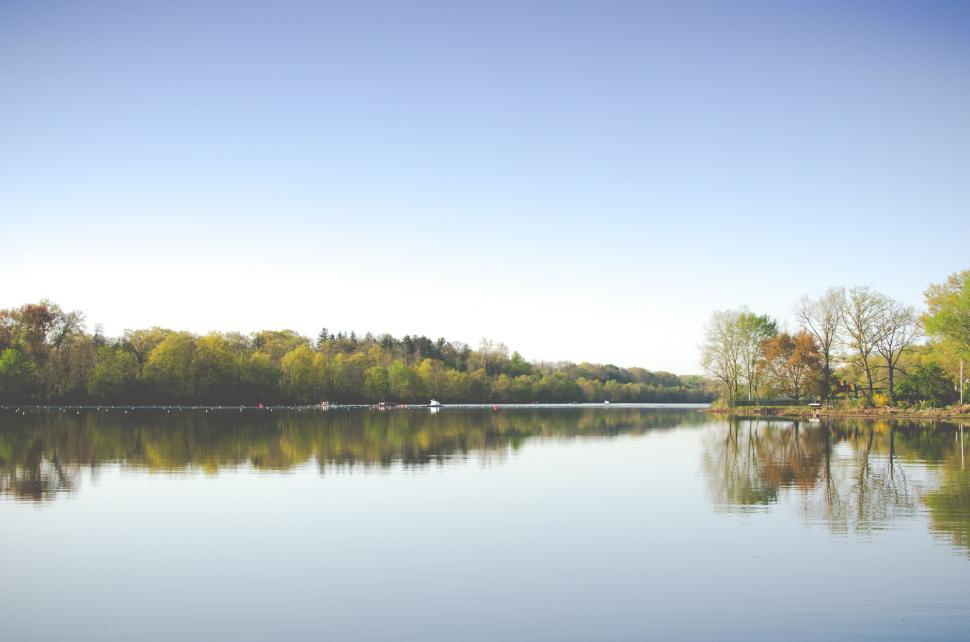 Free Image of Tranquil Lake Surrounded by Trees Under Blue Sky 