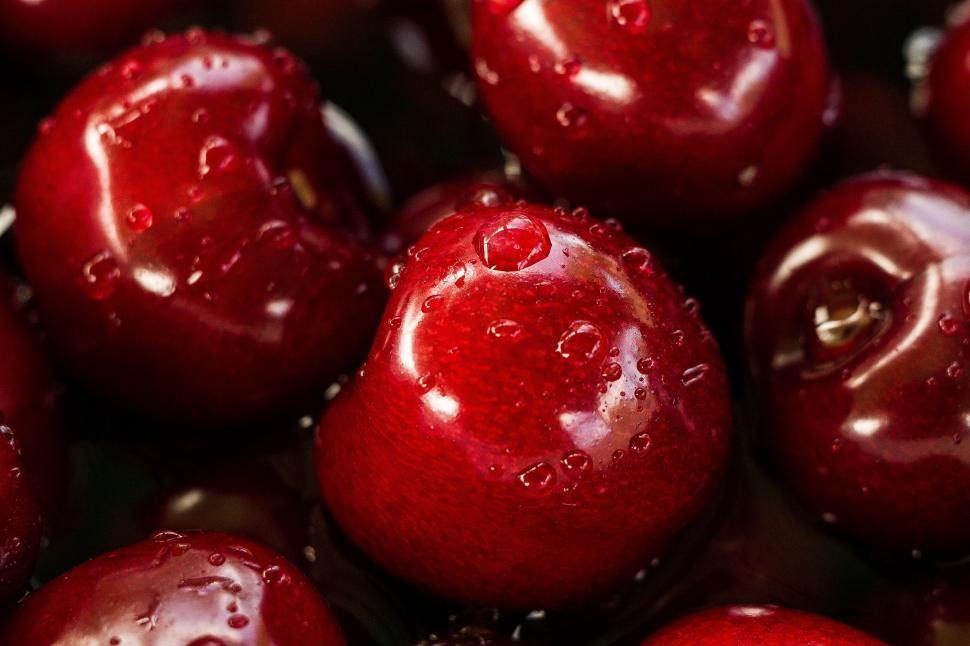 Free Image of Closeup of Cherries With Water Droplets 