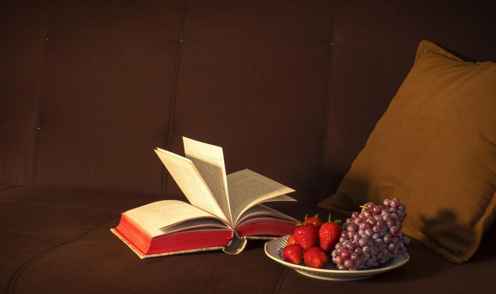 Free Image of Plate of Fruit and Book on a Couch 