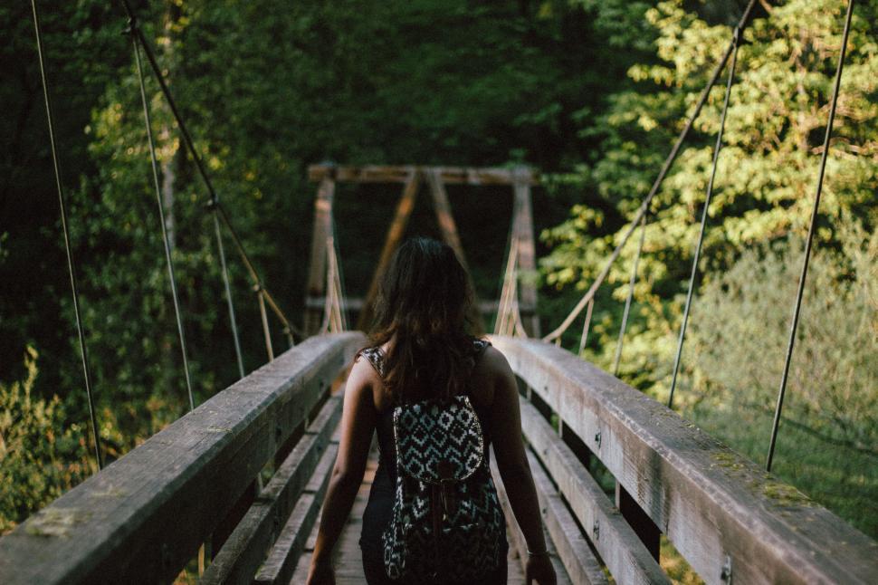 Free Image of Woman Walking Across Bridge in Woods 